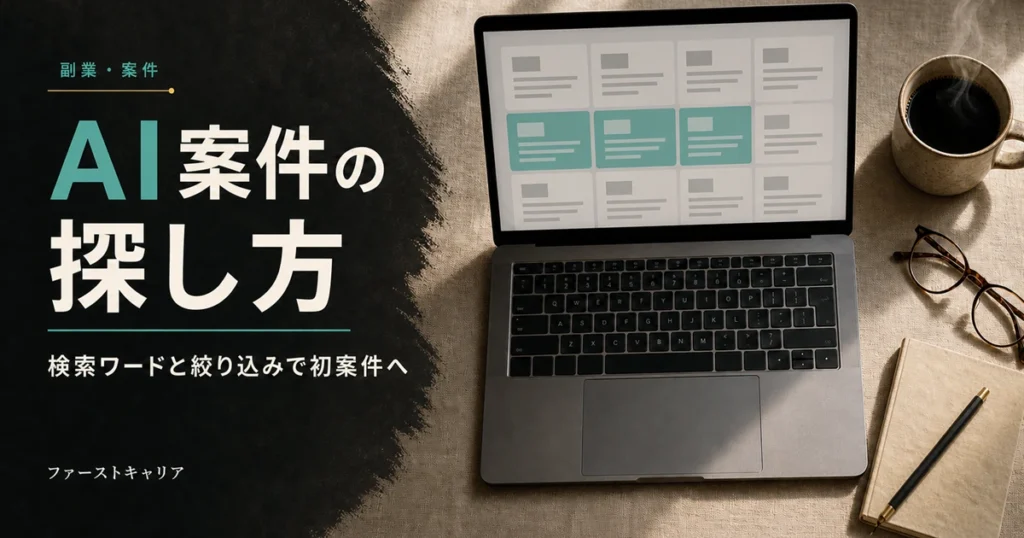 AI案件の探し方を検索ワードと絞り込み条件から解説するイメージ。夜明け前の机に置かれたノートパソコンと手帳
