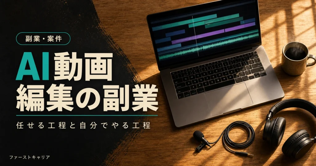 AIを使った動画編集副業の工程分担を解説するイメージ。夜明け前の机に置かれたノートパソコンと手帳