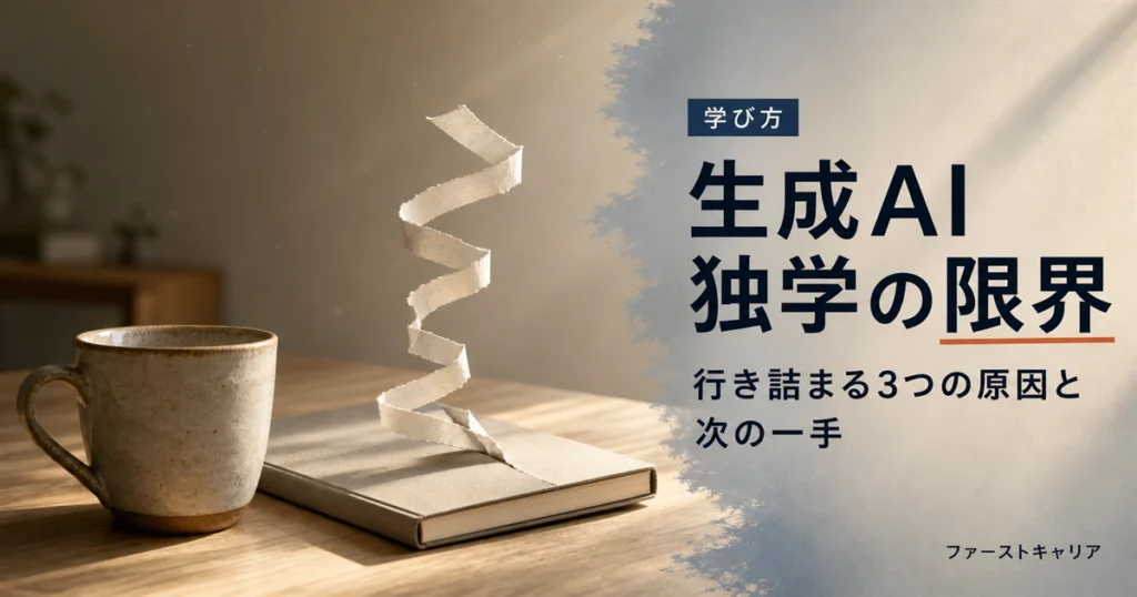 生成AIの独学で限界を感じたときの判断軸を解説するイメージ。夜明け前の机に置かれたノートパソコンと手帳