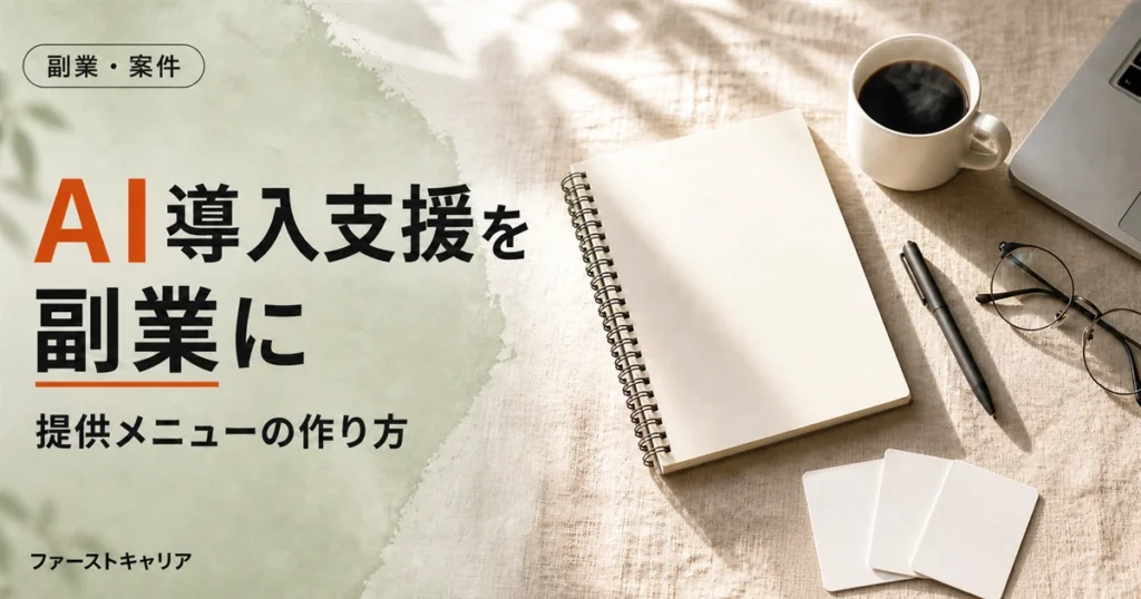 AI導入支援を副業として始める手順を解説するイメージ。夜明け前の机に置かれたノートパソコンと手帳