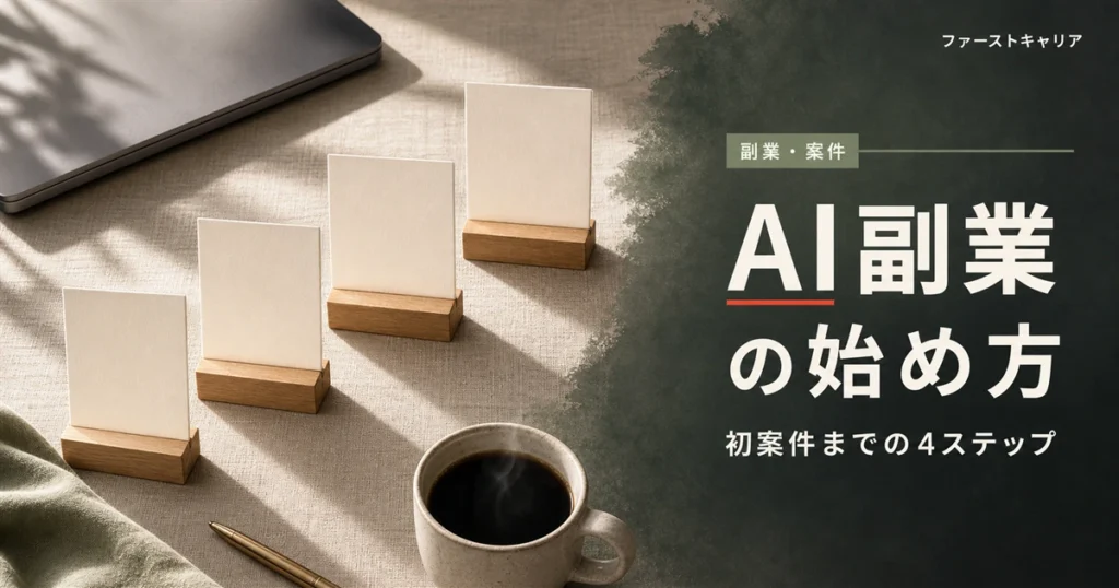 AI副業の始め方を4ステップで解説するイメージ。夜明け前の机に置かれたノートパソコンと手帳