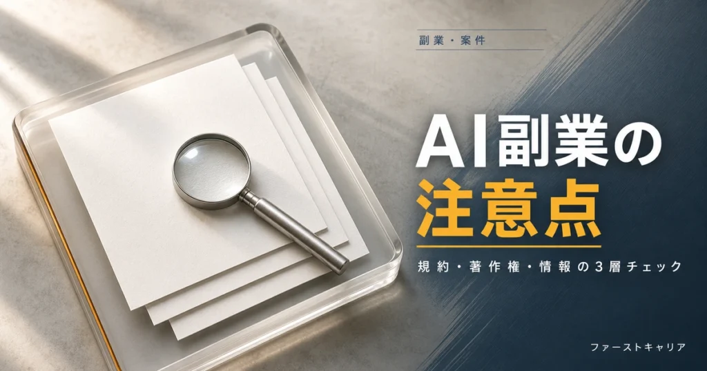 AI副業の注意点を規約・著作権・情報の扱いの3層で確認する手順のイメージ。夜明け前の机に置かれたノートパソコンと手帳