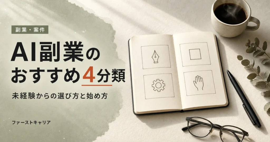 AI副業のおすすめ4分類を未経験者向けに比較するイメージ。夜明け前の机に置かれたノートパソコンと手帳