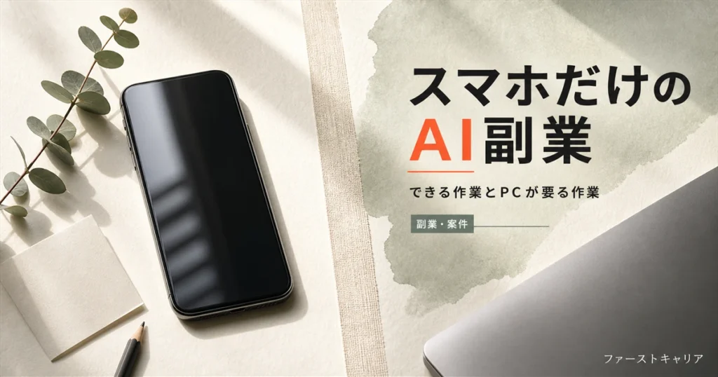 スマホだけで始めるAI副業とPCが必要になる作業の線引きを解説するイメージ。夜明け前の机に置かれたスマートフォンと手帳