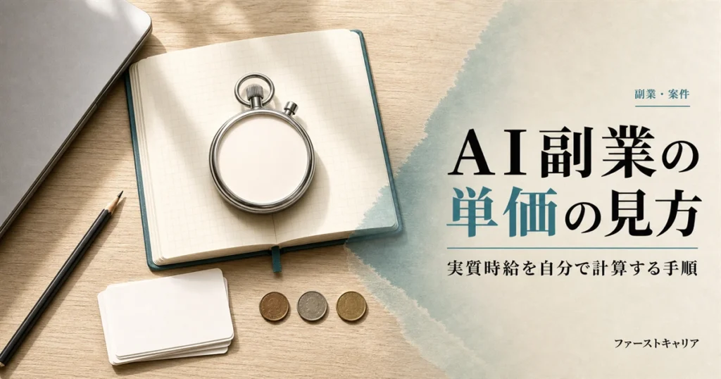 AI副業の単価の見方と実質時給の計算手順を解説するイメージ。夜明け前の机に置かれたノートパソコンと手帳
