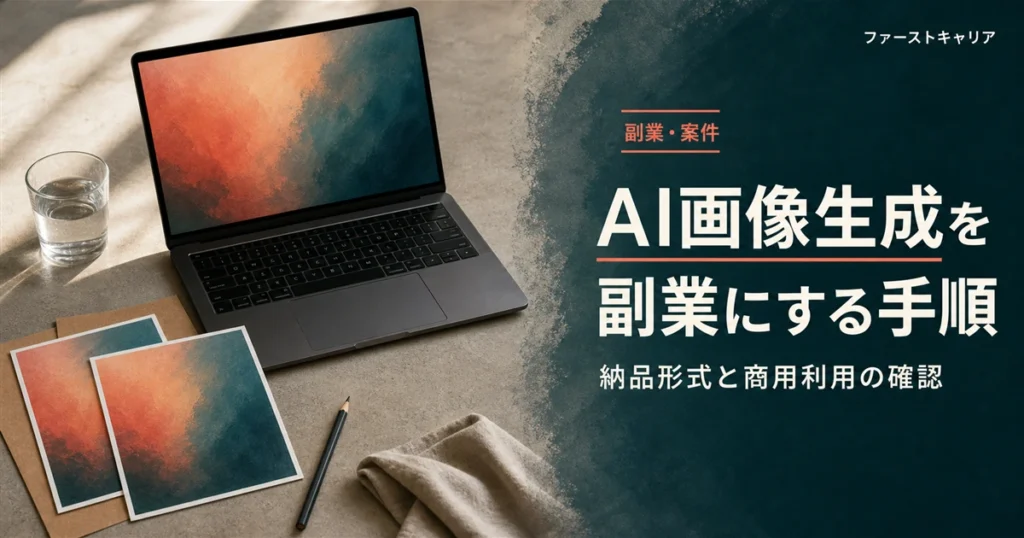 AI画像生成を副業にする手順と納品形式・商用利用の確認を解説するイメージ。夜明け前の机に置かれたノートパソコンと手帳