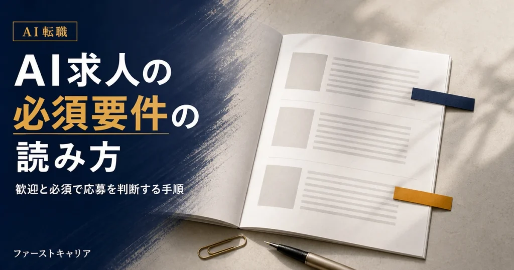AI求人の必須要件の読み方を解説するイメージ。夜明け前の机に置かれた無地画面のノートパソコンと手帳