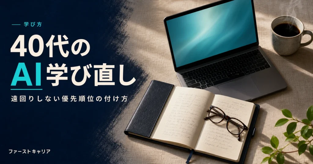 40代のAI学び直しで何から始めるかの優先順位を解説するイメージ。夜明け前の机に置かれたノートパソコンと手帳、分岐して伸びる青い光の線