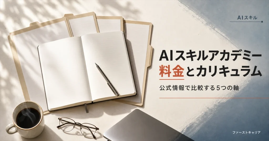AIスキルアカデミーの料金とカリキュラムを公式情報で比較する手順を解説するイメージ。夜明け前の机に置かれたノートパソコンと手帳