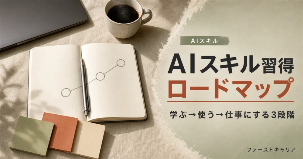 AIスキル習得ロードマップのイメージ。夜明け前の机に置かれたノートパソコンと手帳、分岐して伸びる光の線
