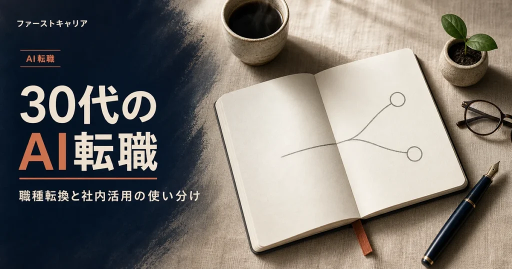 30代からのAI転職の進め方を職種転換と社内活用の使い分けから解説するイメージ。夜明け前の机に置かれたノートパソコンと手帳