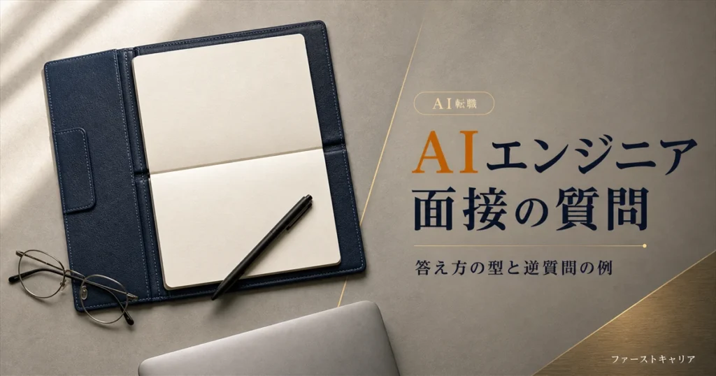 AIエンジニア面接でよく聞かれる質問と答え方、逆質問の例を解説するイメージ。夜明け前の机に置かれたノートパソコンと手帳