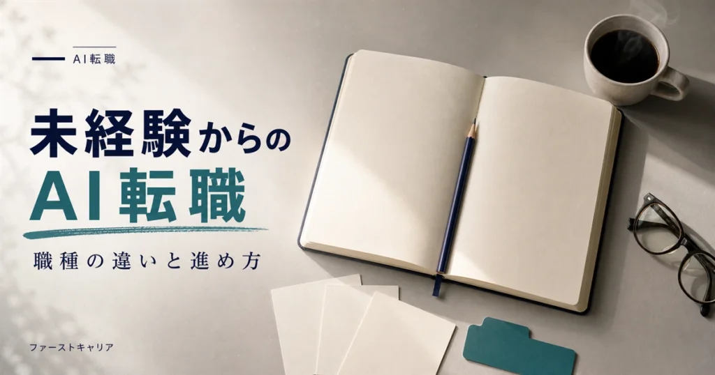 未経験からのAI転職の手順とサービス選びを解説するイメージ。夜明け前の机に置かれたノートパソコンと手帳、机上を分岐して伸びる青い光の線