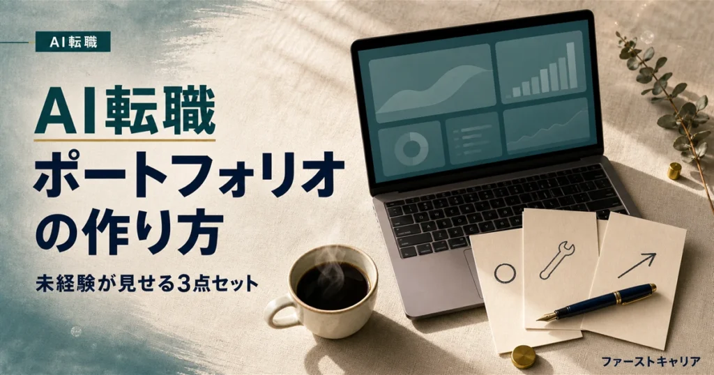AI転職用ポートフォリオの作り方と未経験が見せる3点セットを解説するイメージ。夜明け前の机に置かれたノートパソコンと手帳