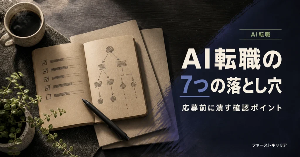 AI転職で失敗しやすい7つの落とし穴と応募前の確認点を解説するイメージ。夜明け前の机に置かれたノートパソコンと手帳、分岐する光の線