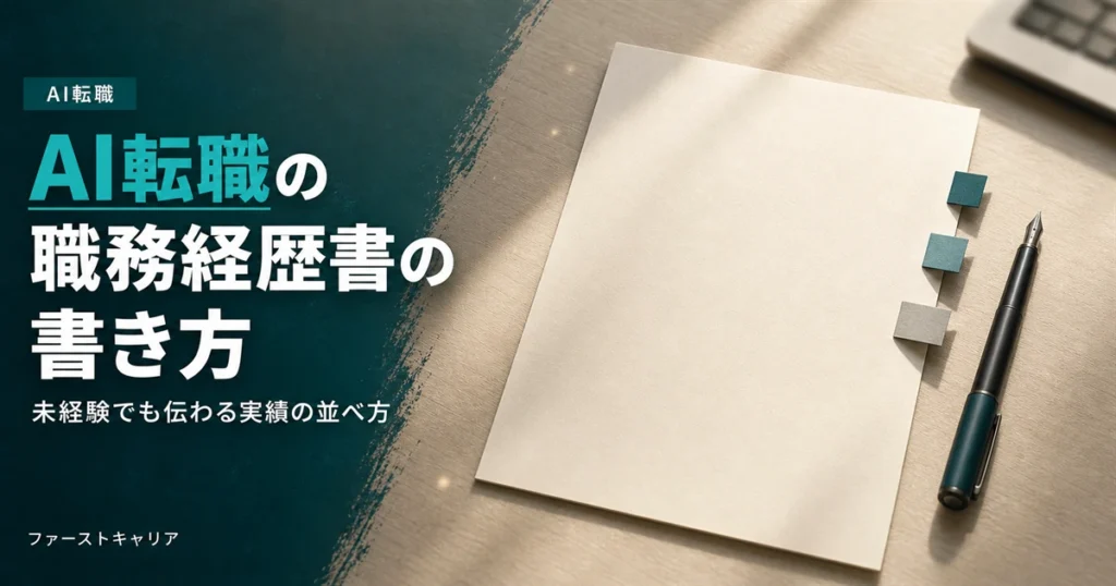 AI転職の職務経歴書の書き方を解説するイメージ。夜明け前の机に置かれたノートパソコンと手帳