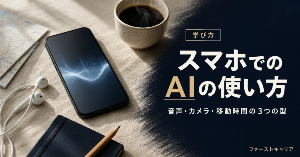 スマホでのAIの使い方を3つの型で解説するイメージ。夜明け前の机に置かれたスマートフォンと手帳
