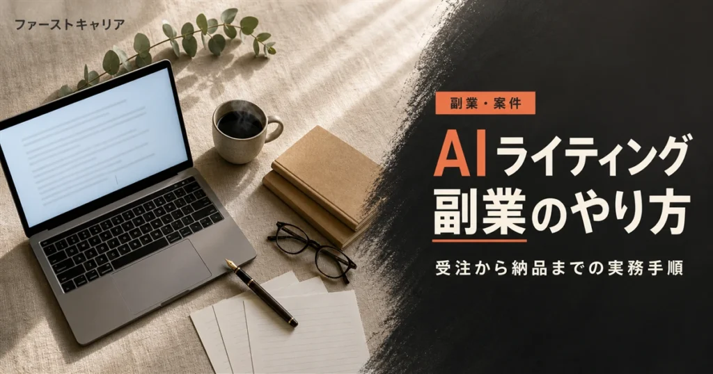 AIライティング副業のやり方を4工程で解説するイメージ。夜明け前の机に置かれたノートパソコンと手帳