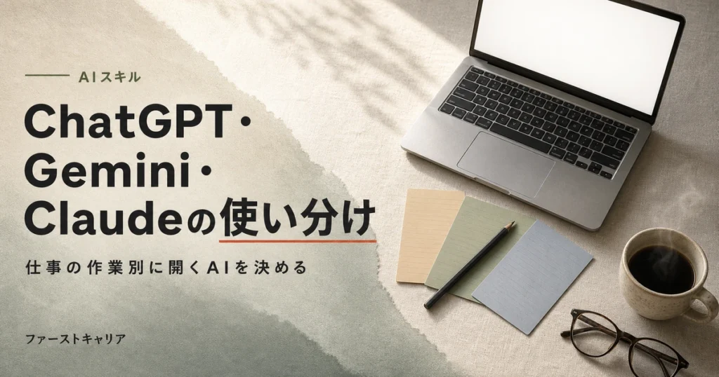 ChatGPT・Gemini・Claudeの使い分けを仕事の作業別に整理するイメージ。夜明け前の机に置かれたノートパソコンと手帳