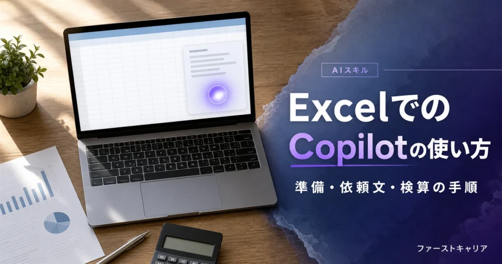 ExcelでMicrosoft 365 Copilotを使う手順を解説するイメージ。夜明け前の机に置かれたノートパソコンと手帳