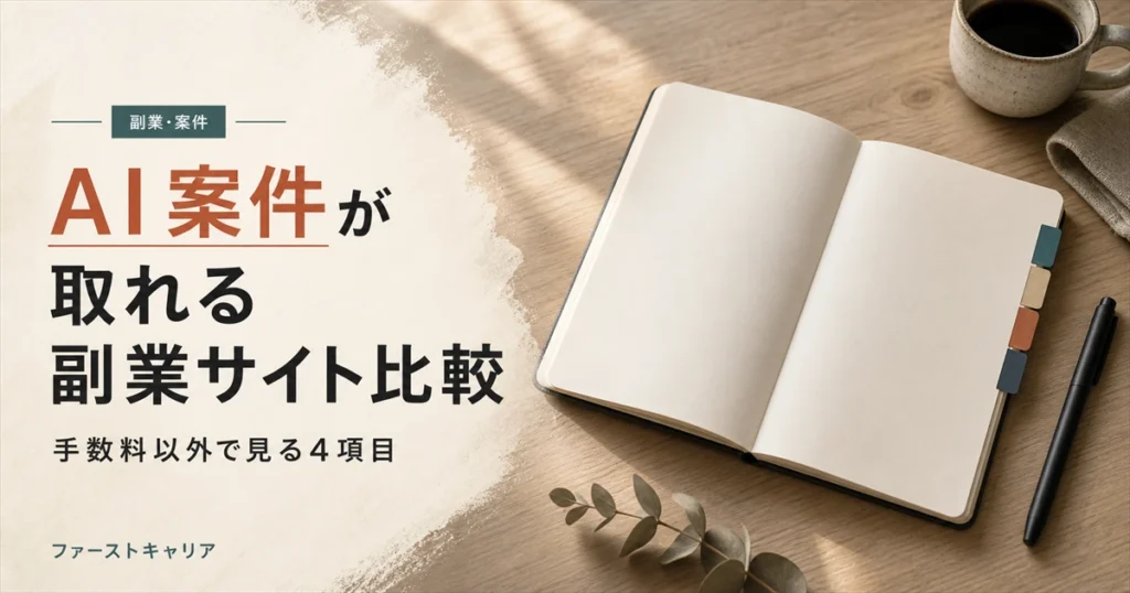 AI案件が取れる副業プラットフォームを手数料以外の4項目で比較するイメージ。夜明け前の机に置かれたノートパソコンと手帳
