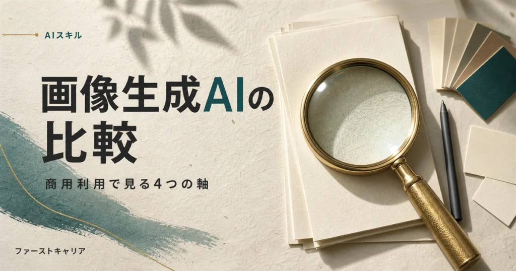 画像生成AIを商用利用の観点で比較する4つの軸を解説するイメージ。夜明け前の机に置かれたノートパソコンと手帳