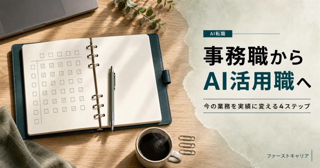 事務職からAI活用職へ移る4ステップを解説するイメージ。夜明け前の机に置かれたノートパソコンと手帳、分岐する青い光