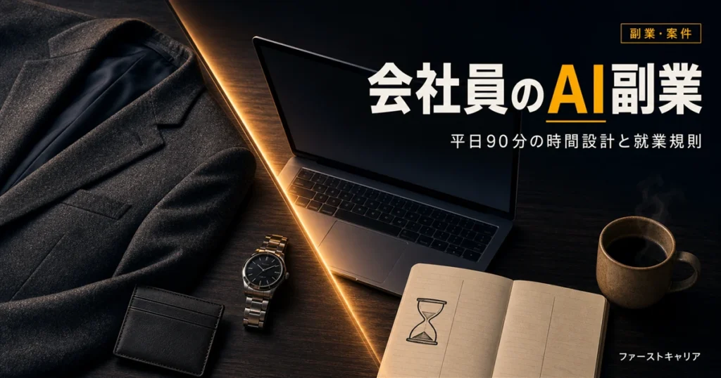 会社員がAI副業と両立するための時間設計イメージ。夜明け前の机に置かれたノートパソコンと手帳