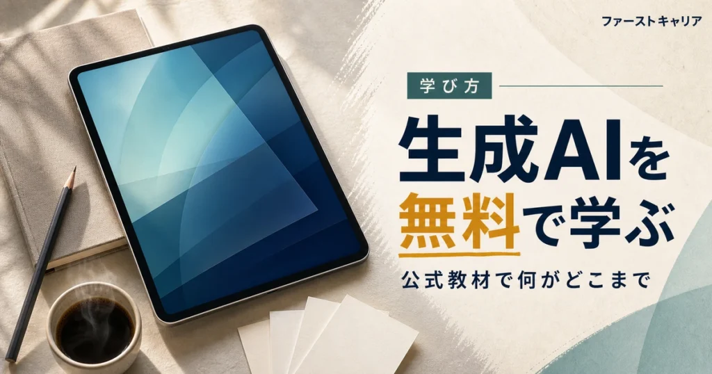 生成AIを無料で学べる公式教材の選び方を解説するイメージ。夜明け前の机に置かれたノートパソコンと手帳