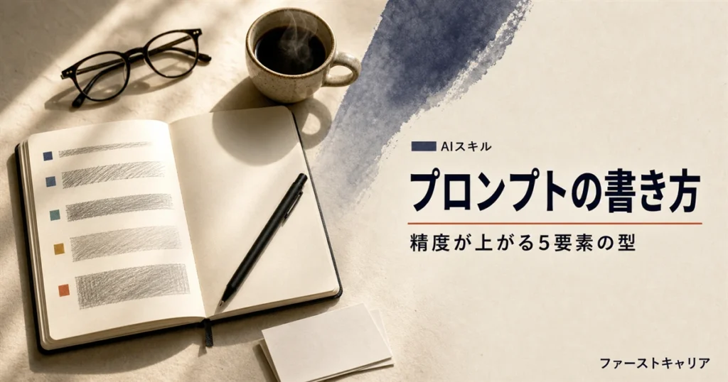 プロンプトの書き方を5要素で解説するイメージ。夜明け前の机に置かれたノートパソコンと手帳、分岐する光の線