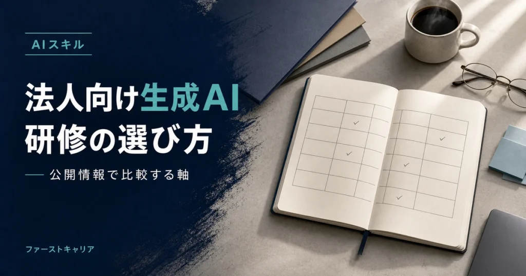 法人向け生成AI研修の比較と選び方を解説するイメージ。夜明け前の机に置かれたノートパソコンと手帳、分岐する光の線