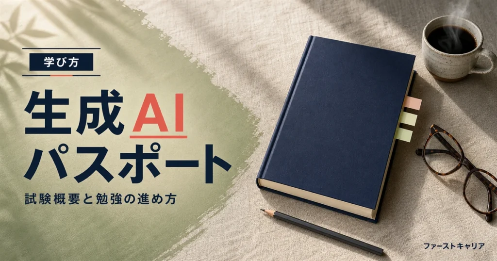 生成AIパスポートの勉強方法と要項の確認手順を解説するイメージ。夜明け前の机に置かれたノートパソコンと手帳