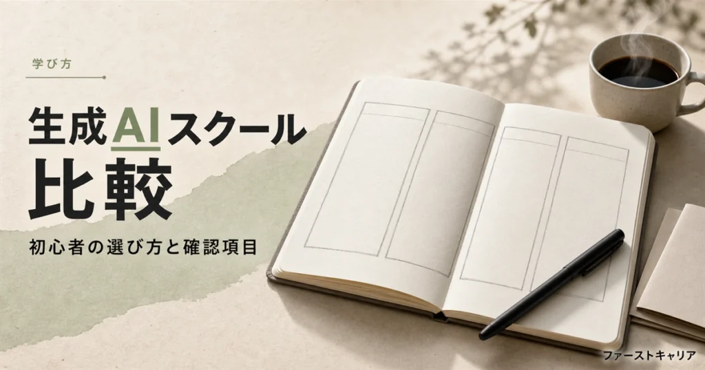 生成AIスクールを初心者向けに比較する記事のイメージ。夜明け前の机に置かれたノートパソコンと手帳