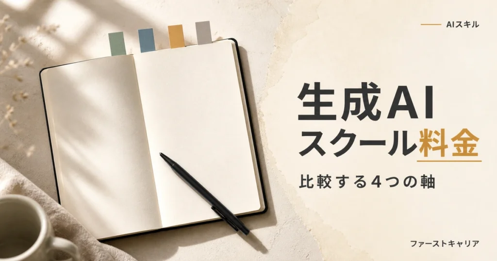 生成AIスクールの料金と受講期間・サポートを比較する4つの軸を解説するイメージ。夜明け前の机に置かれたノートパソコンと手帳