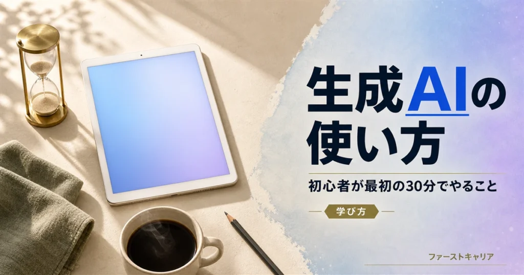 生成AIの使い方を初心者向けに5ステップで解説するイメージ。夜明け前の机に置かれた画面が無地のノートパソコンと手帳