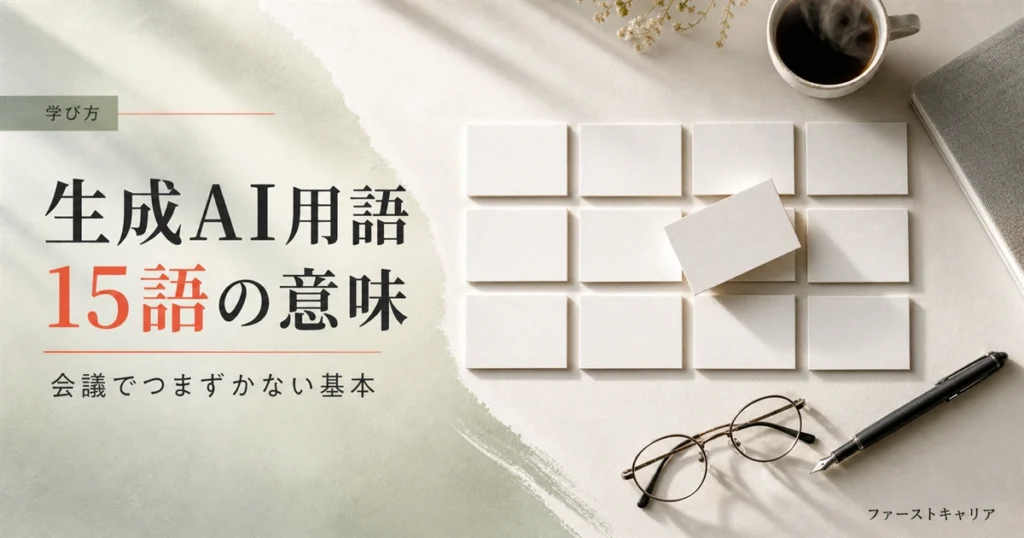 生成AIの基本用語15語の意味と会議での使い方を整理する記事のイメージ。夜明け前の机に置かれたノートパソコンと手帳